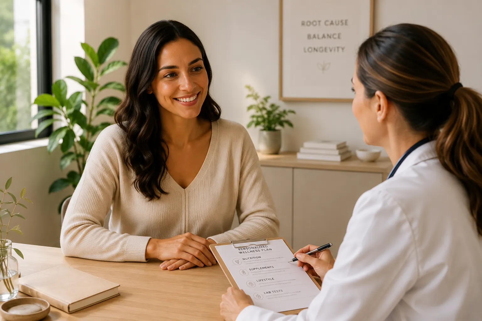 Healthcare provider and patient in a wellness consultation, reviewing a personalized wellness plan document together at a wooden desk, with plants and motivational wellness text visible in the background